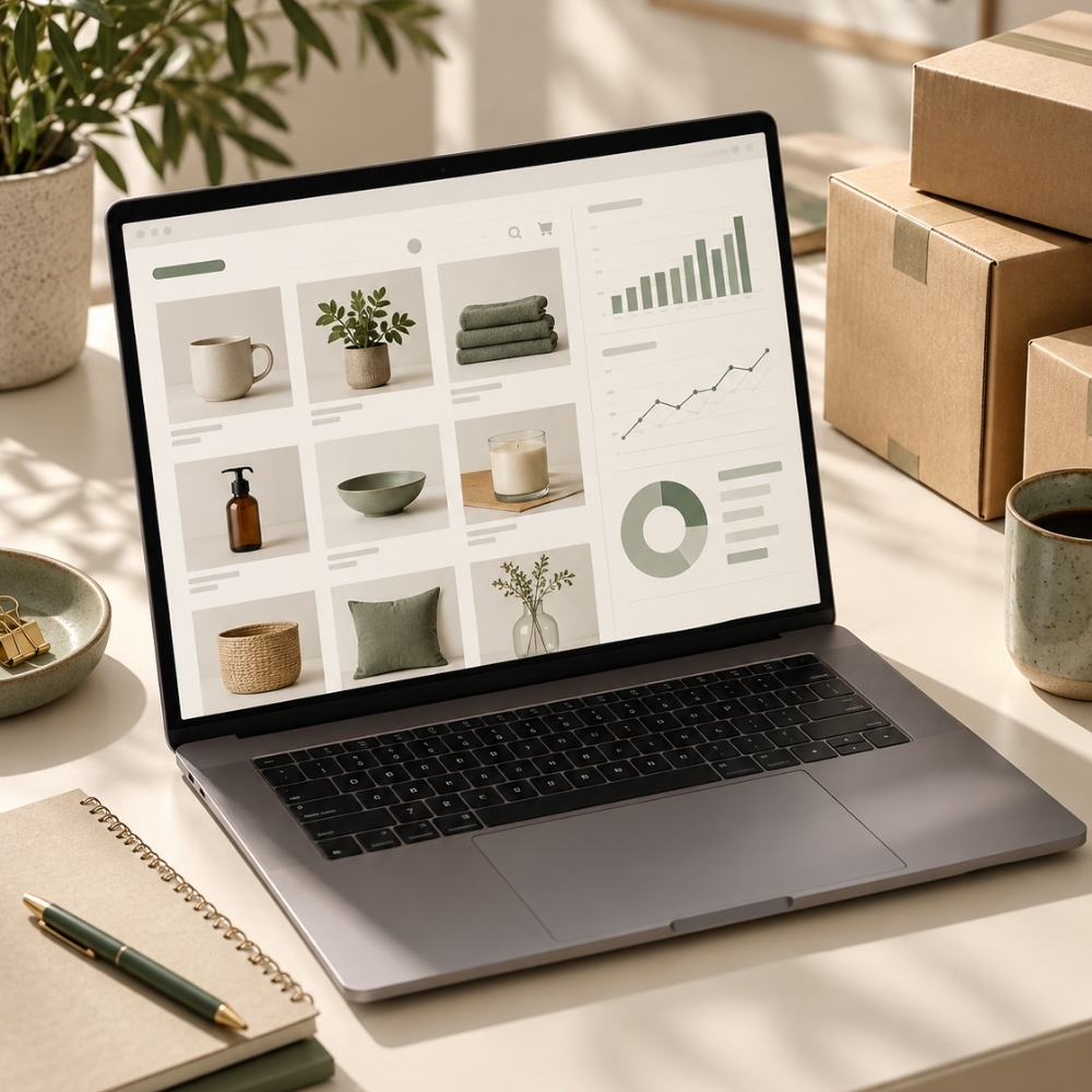 Laptop con una tienda online y gráficos ilustrativos